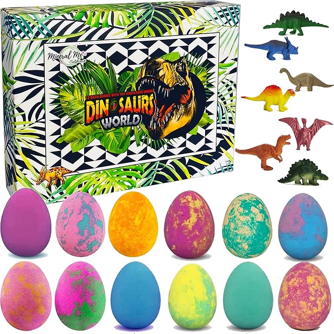 Bath Bombs for Kids with Surprise Inside - 12 Dinosaur Bath Bombs with Toys, Organic Colorful Bubble Bath Fizzies, Dino Egg Bath Bomb w/Rich Bubbles, Birthday Gifts for Kids, Boys, Girls