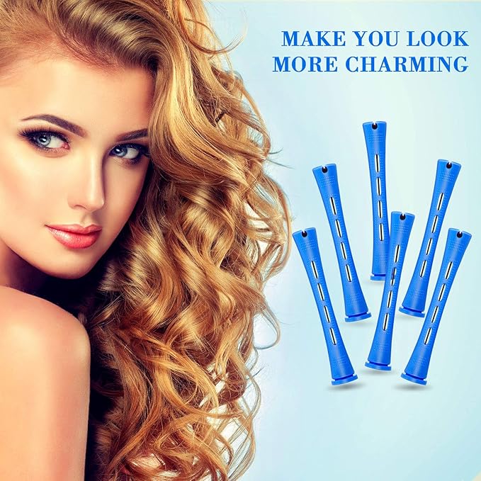 24 Pieces Plastic Hair Perming Rods and Rollers with Steel Pintail Comb for Hairdressing Styling (0.35 Inches, Blue)