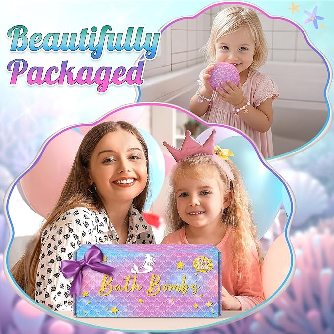 8 Packs Mermaid Bath Bombs for Kids Girls, Bubble Bath Bomb Kit with Surprise Toys Inside, Bath Toys for Kids Aged 4-8, Ideal Birthday Christmas Gifts Stocking Stuffers for Girls 3 4 5 6
