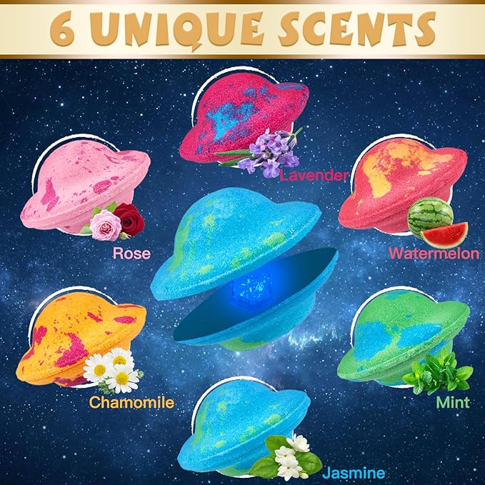 Light Up Bath Bombs with Surprise Light Cube Inside 18 Set 4 Ounce Big Size Romantic Saturn Natural Organic Saturn Bubble Bath Shower Bomb for Women Handmade Bubble Relaxing Spa Gift Bath Skin (6PCS)