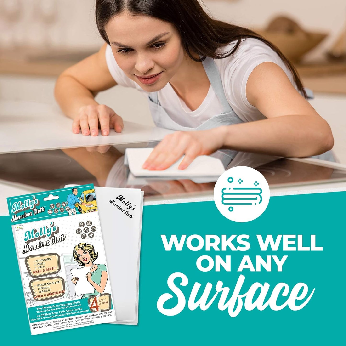 Molly's Marvelous Cloth, Streak-Free, Lint-Free Microfiber Cleaning Cloth, Polishing Cloth for Glass, Stainless Steel, Use for Kitchen, Bath, Cars, Detailing, Reusable (15.75" by 16") (15pk, White)