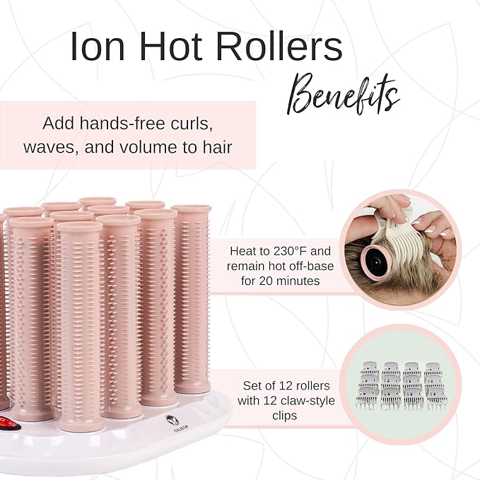 CALISTA Ion Hot Rollers for Long Hair | Hair Roller Clips Included | Heats to 230°F | Dual Voltage | Add Hands-Free Curls, Waves, and Volume (Pink Verbena, Long - 12)