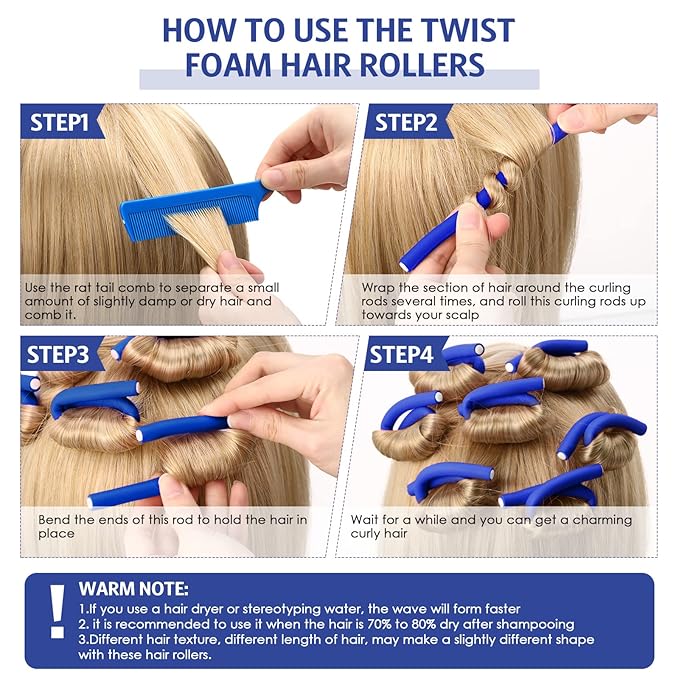 Chuangdi 20 Pcs Flexible Curling Rods Twist Foam Hair Rollers Soft Foam Hair Rods Rollers Curlers and Pintail Comb for Women Long and Short(0.31 x 9.4 Inch,Royal Blue)