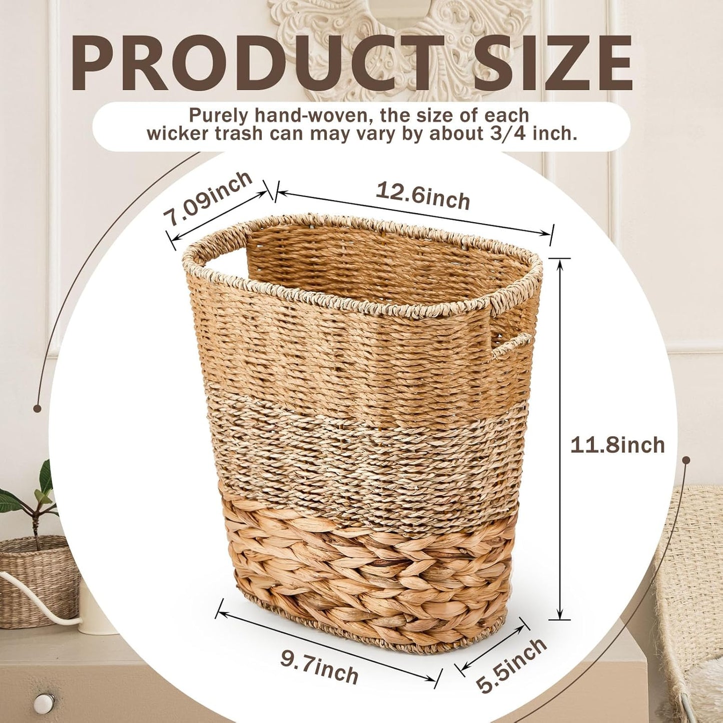 2 Pcs Wicker Trash Can with 50 Small Trash Bag Wicker Waste Woven Basket with Handles Clear Multi Use Garbage Bags for Bathroom Kitchen Bedroom(Various Materials,Classic Style)