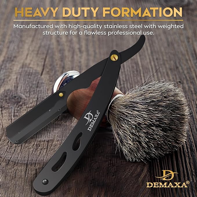 100 Straight Razor Blades with DEMAXA Shavette Straight Razors for Men - Navajas Para Barbero Professional Barber Razor Blade for Close Shaving with soft Pouch - Straight Edge Razors for men