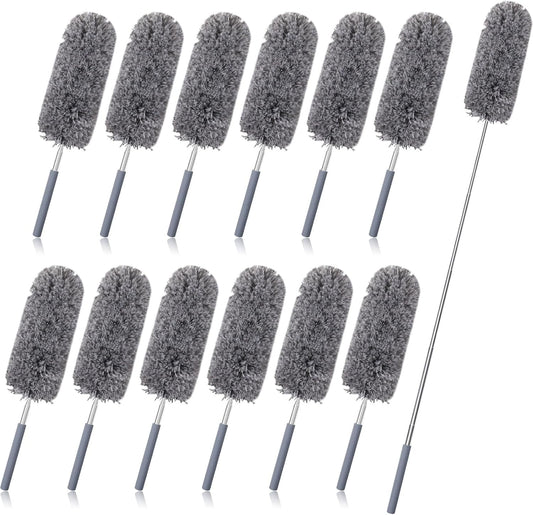 Tanlade 12 Pcs Microfiber Feather Duster for Cleaning 13-31 Inch Extendable Cobweb Dusters Ceiling Fan Duster Washable Bendable Tool for Office Car Window Furniture (Gray)