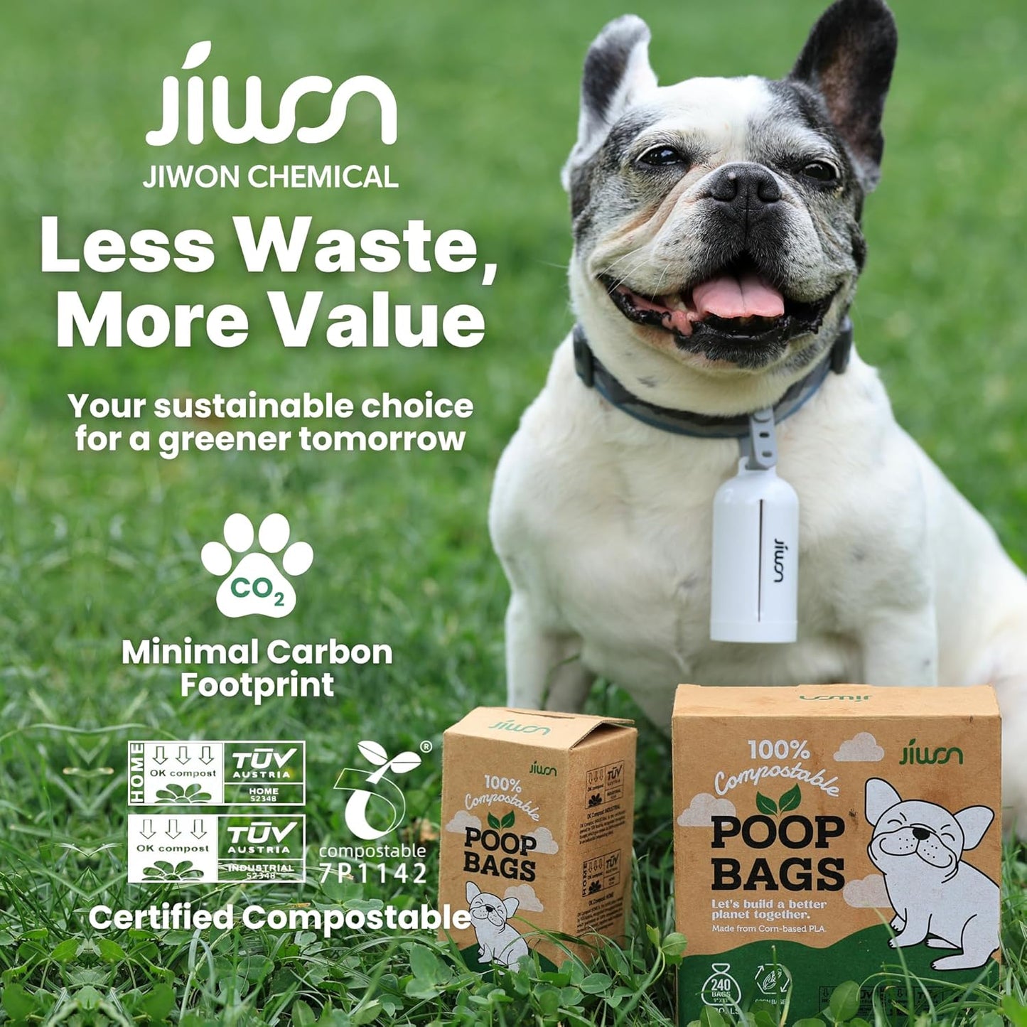 JIWON Dog Poop Bag Dispenser with 100% Compostable Refill Roll, Thick & Leakproof, Plant-Based, Fits Any Leash, 1 Dispenser and 15 Bags (1 Roll), Unscented