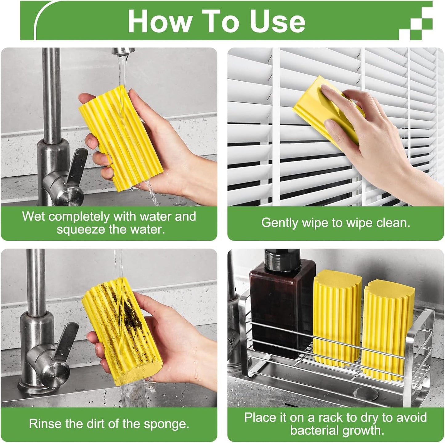 4-Pack Damp Clean Duster Sponge Brush for Cleaning Blinds, Glass, Baseboards, Vents, Railings, Mirrors, Window Track Grooves and Faucets (Yellow)
