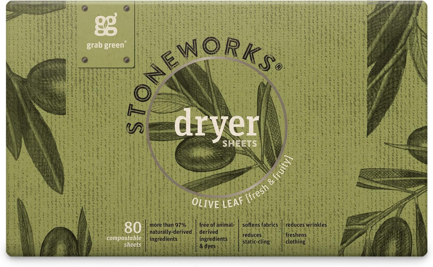 Grab Green Stoneworks Laundry Detergent Pods and Dryer Sheet Bundle, 50 Count Pods and 80 Dryer Sheets, Olive Leaf Scent, Plant and Mineral Based Laundry Care Set