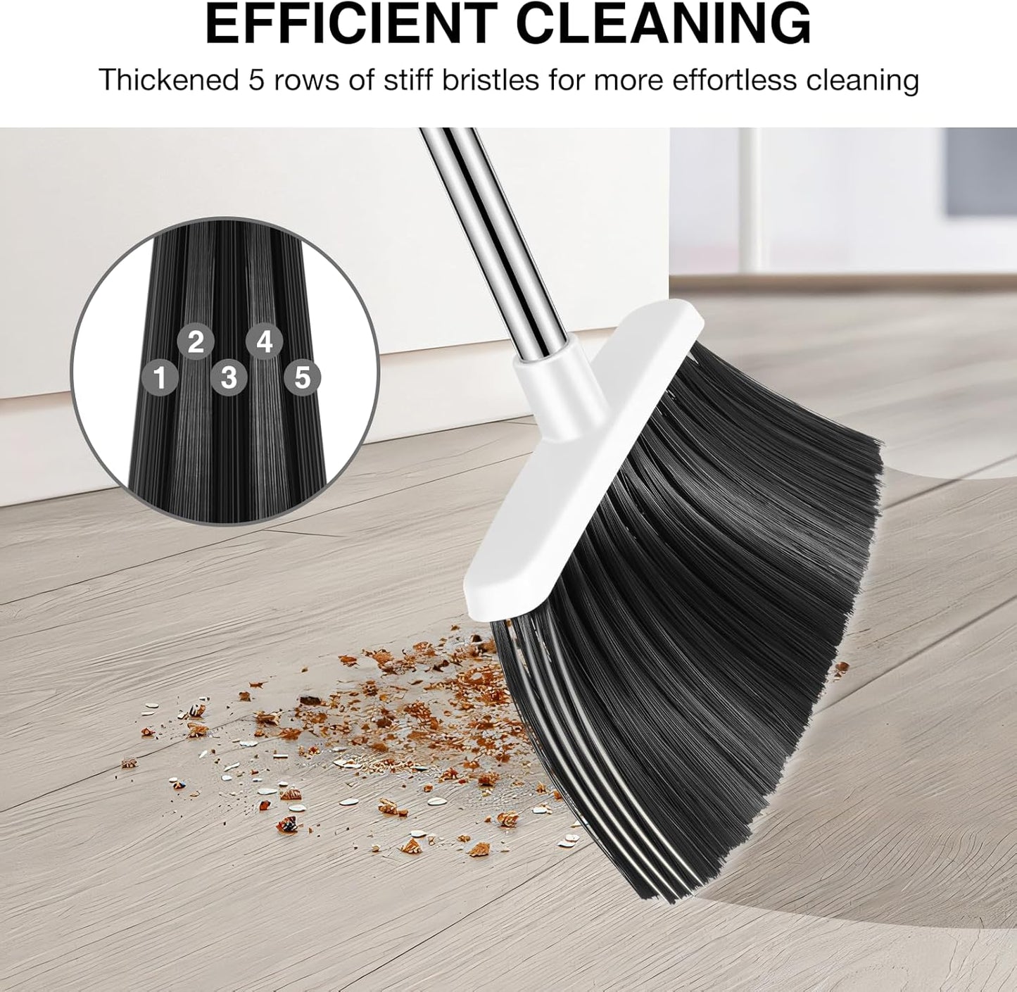 NACENA Broom and Dustpan Set, 52-in Long Adjustable Handle Broom Dustpan Combo with Dustpan Teeth to Automatically Clean Hair Suitable for Home Kitchen Office Hall Floor(Grey&White)