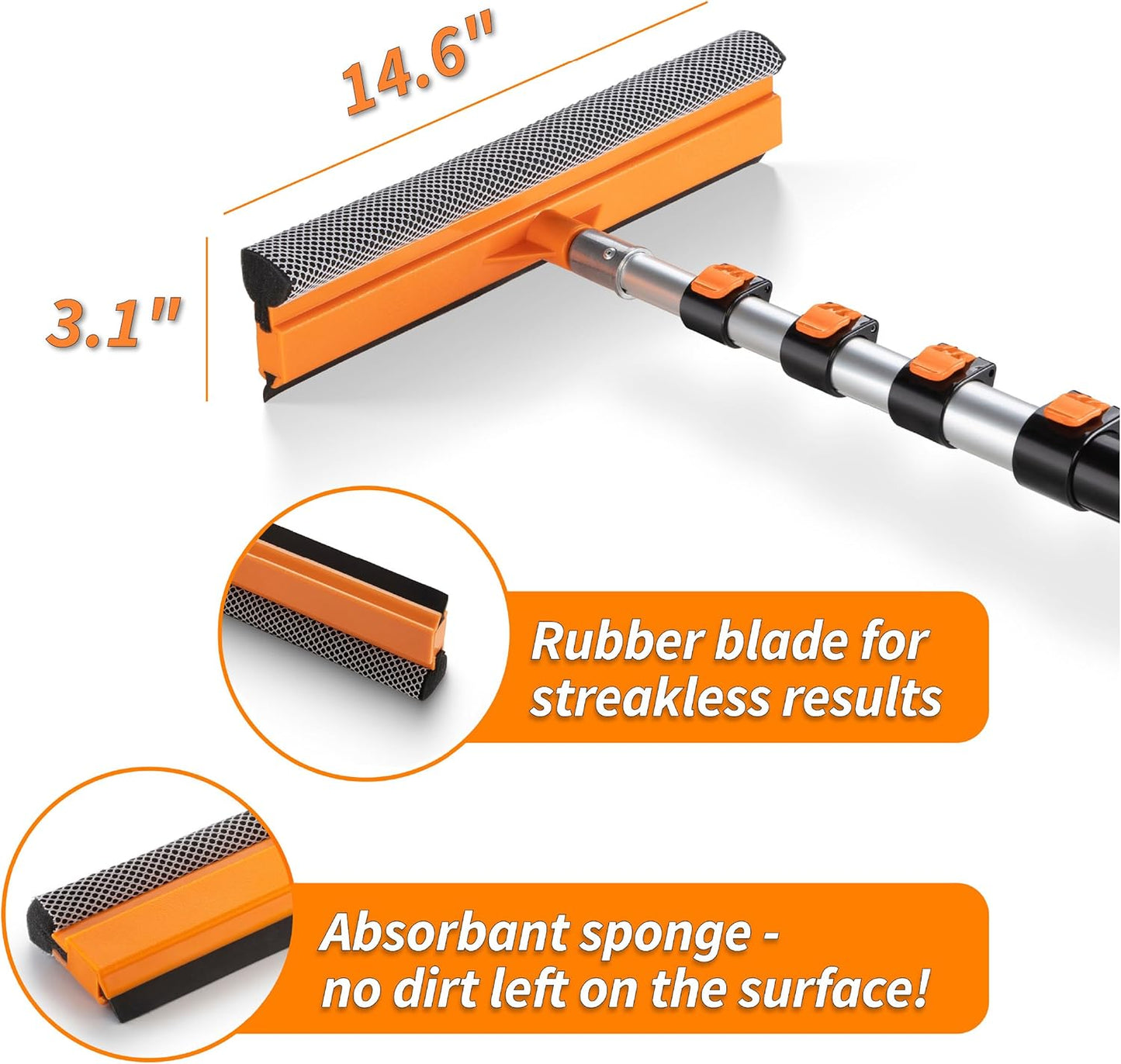 4-12 ft Window Washer Squeegee Kit with Extension Pole (20+ Foot Reach) // Long Handle Squeegee for Window Cleaning & Car Cleaning Multi-Use//Telescopic Professional Window Cleaning Squeegee for Home