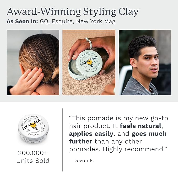 Highland Glacial Hair Clay Pomade - Award winning hair styling clay for men and women made with 100% all natural and organic ingredients that promote hair and scalp health. Low shine, Medium Hold.