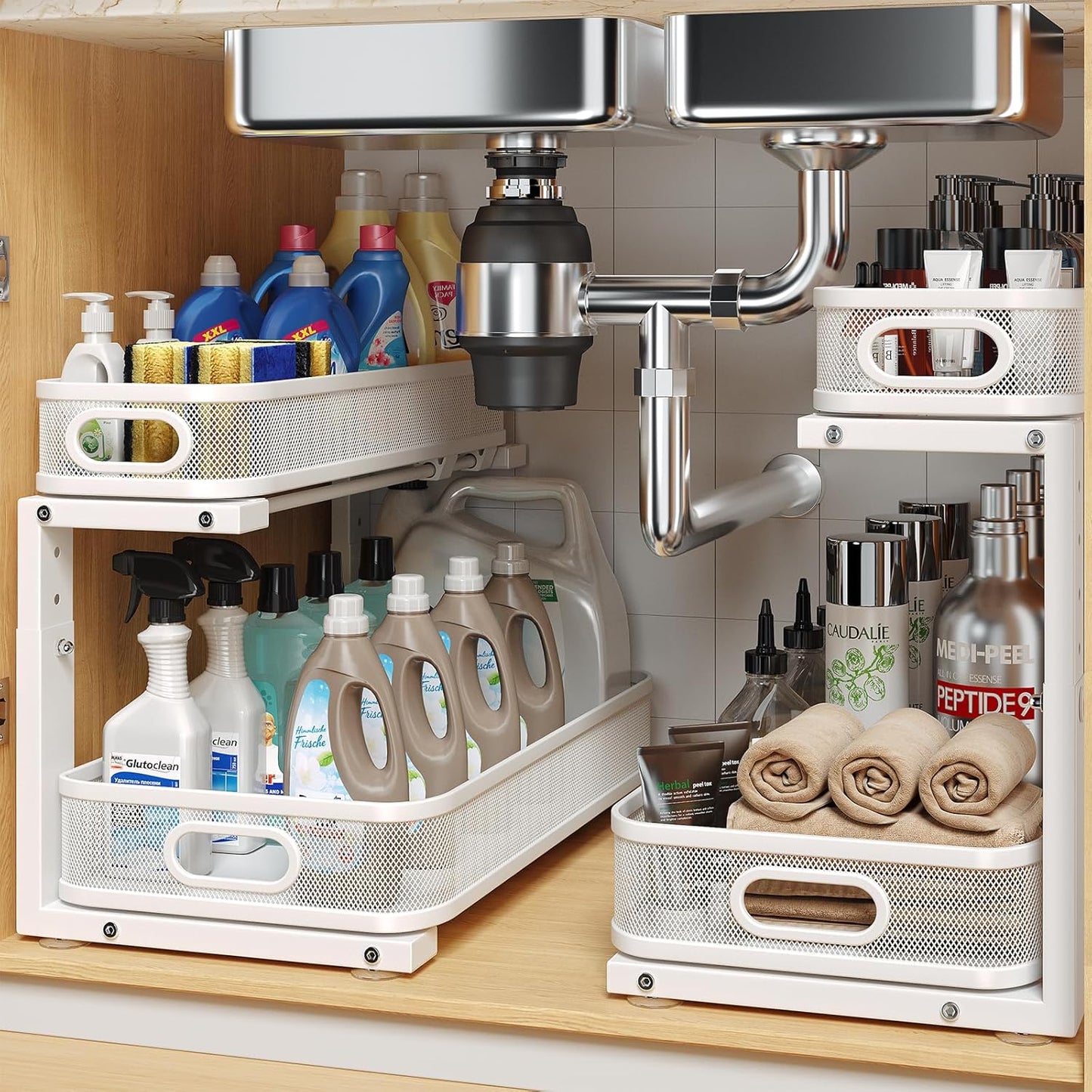 2 Pack 17.3IN-Depth Under Sink Organizer with Smooth Cylindrical Rail,2-Tier Pull Out Multi-Purpose Cabinet Storage for Bathroom&Kitchen,Height Adjustable,Rust-Resistant Coating-White