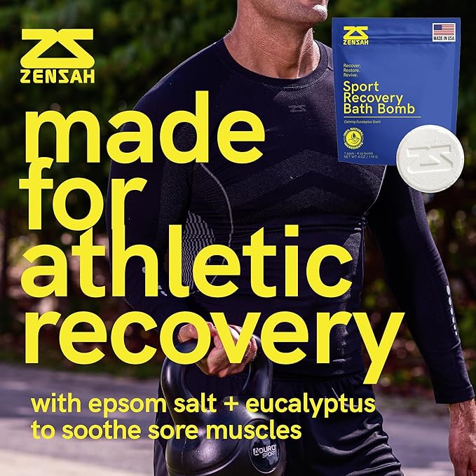 Zensah Sport Recovery Bath Bombs - Magnesium Epsom Salt for Soaking Sore Muscles, Birthday Gifts, Made in USA with Essential Oils, Peppermint and Eucalyptus Relaxation for Athletes, Men and Women