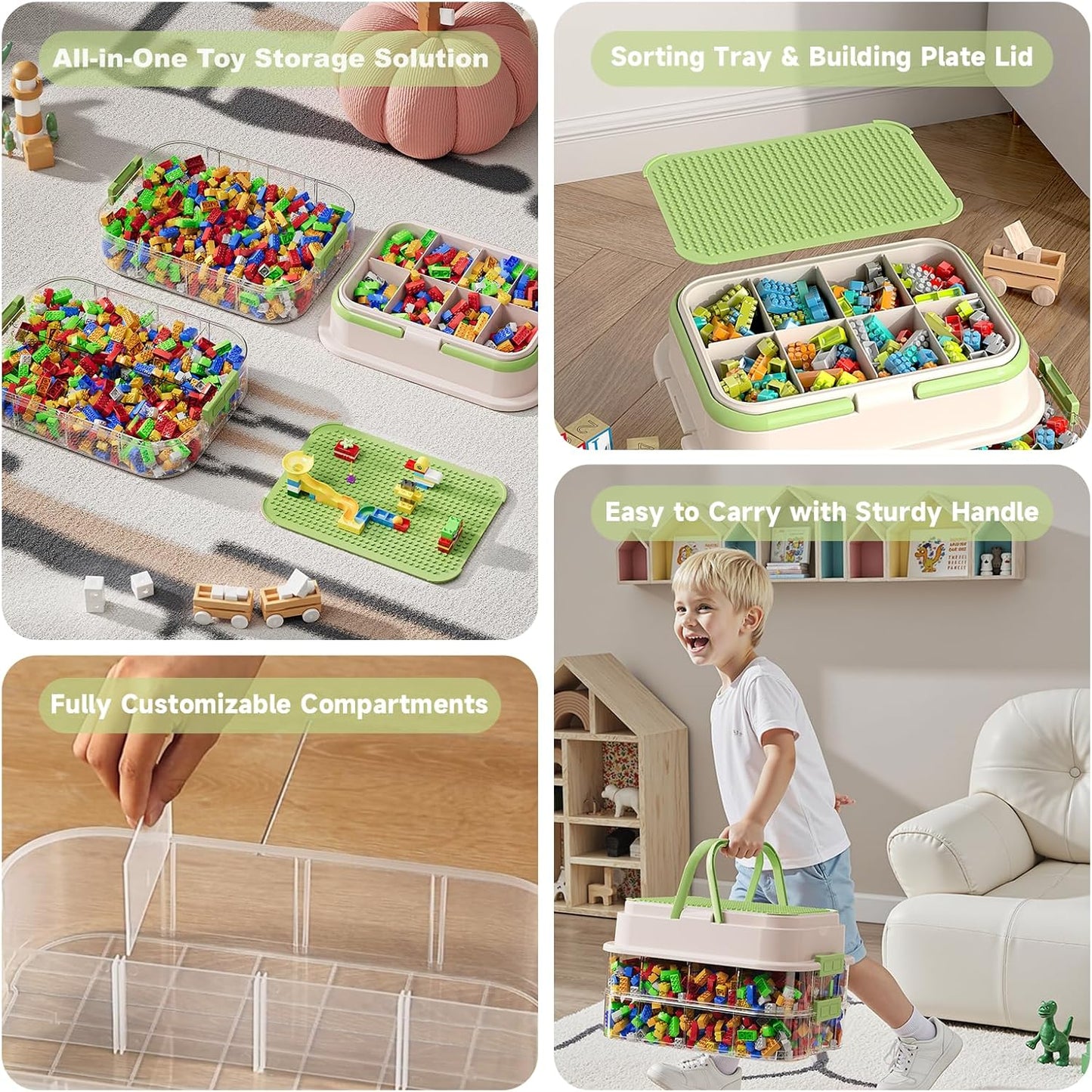 Toy Storage Organizer Box with Handle, Stackable Building Block Toy Box with Building Plate Lid & Removable Sorting Trays, Cubby Bins and Containers 3 Layer (Green)