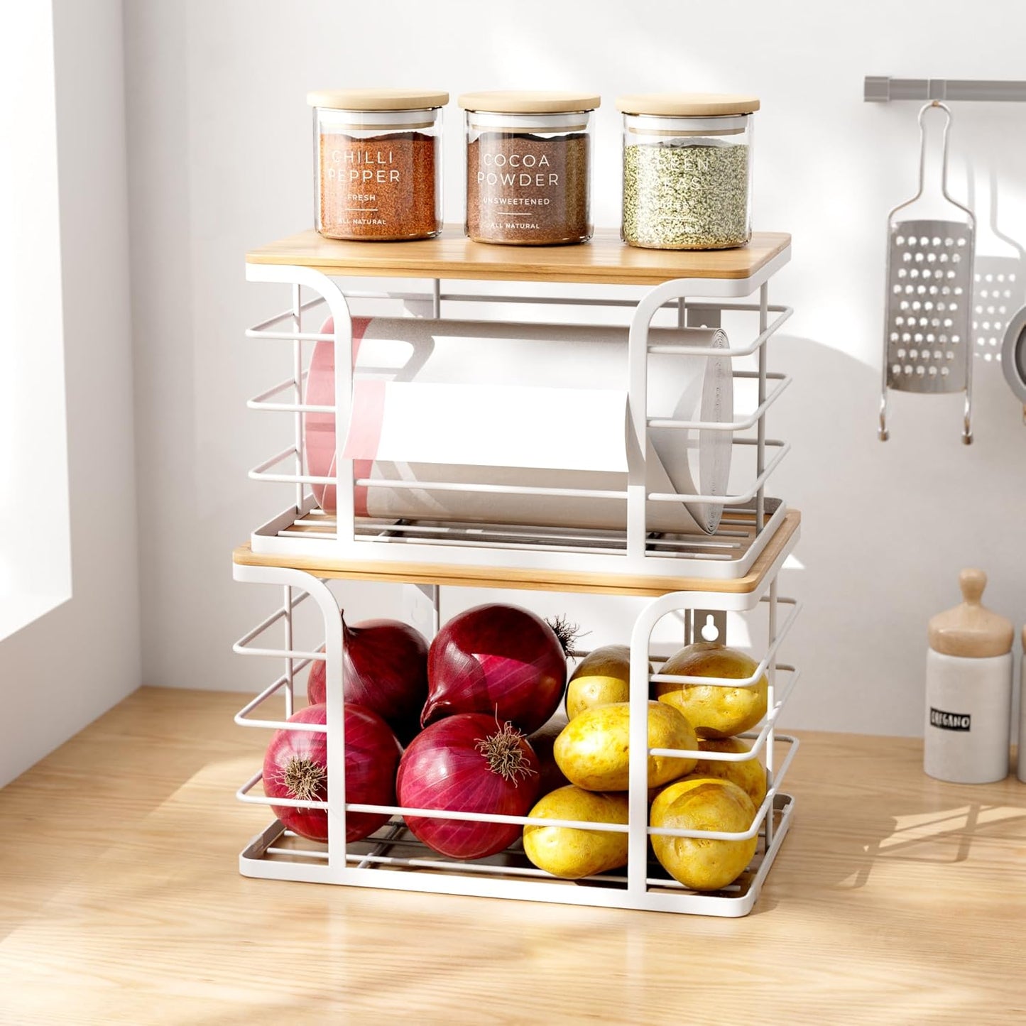 2 Pack Extra Large Stackable Pantry Organizer,Wall Mount Garbage Bag Holder Dispenser with Bamboo Top for Kitchen Laundry Room Organization,White