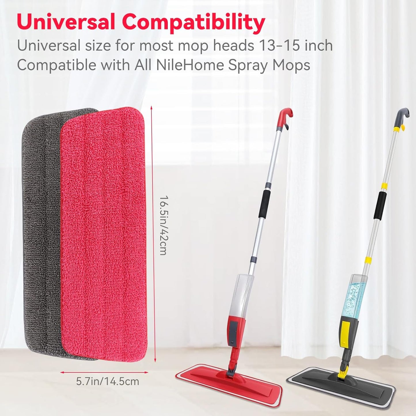 16.5 inch Microfiber Mop Pads for Rubbermaid Reveal Spray Mop and Any 16.5" Flat Mop - 10 Pack 13''-15'' Spray Mop Pad Reusable Washable Replacement Refills - Red & Grey