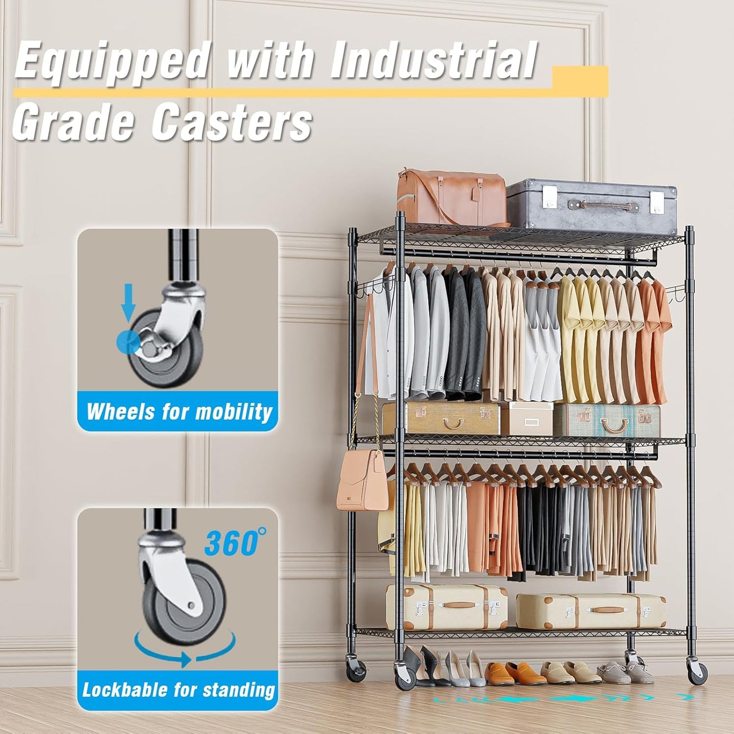 Homdox 3 Tier Heavy Duty Garment Rack with Wheels, Adjustable Wire Clothes Rack with Double Hanging Rods, Portable Closets for Hanging Clothes with Side Hooks, Black