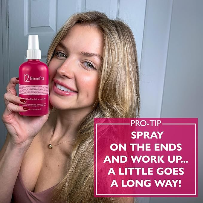 12 Benefits Instant Healthy Hair Treatment - Leave In Conditioner Spray with Quaternium 39 and Silk Fibre Protein - Smooths Frizz, Strengthens & Repairs Damaged Hair - (12 Fl Oz)