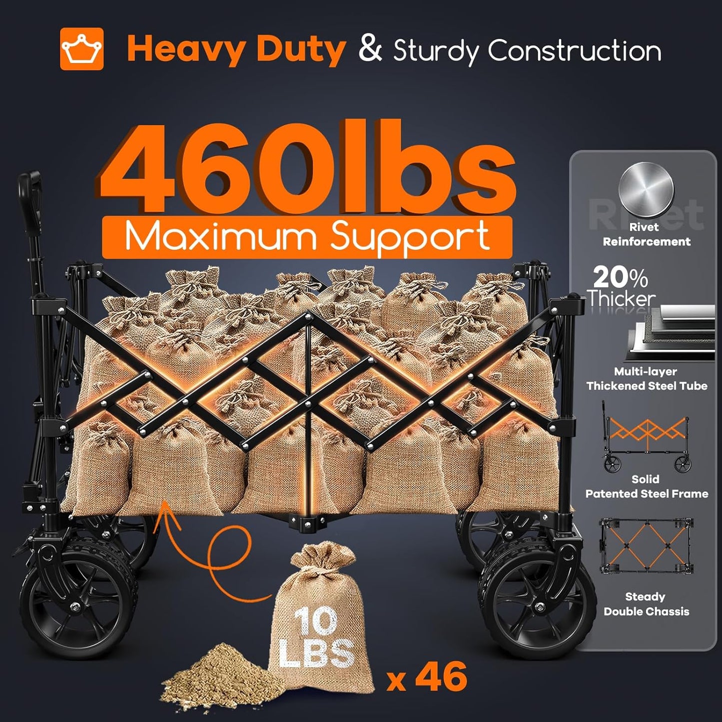 220L Collapsible Wagon Cart Foldable, 460lbs Load Capacity Heavy Duty Folding Beach Wagons with Big All-Terrain Wheels, Utility Carts for Groceries, Camping, Sports - Grey&Burgundy