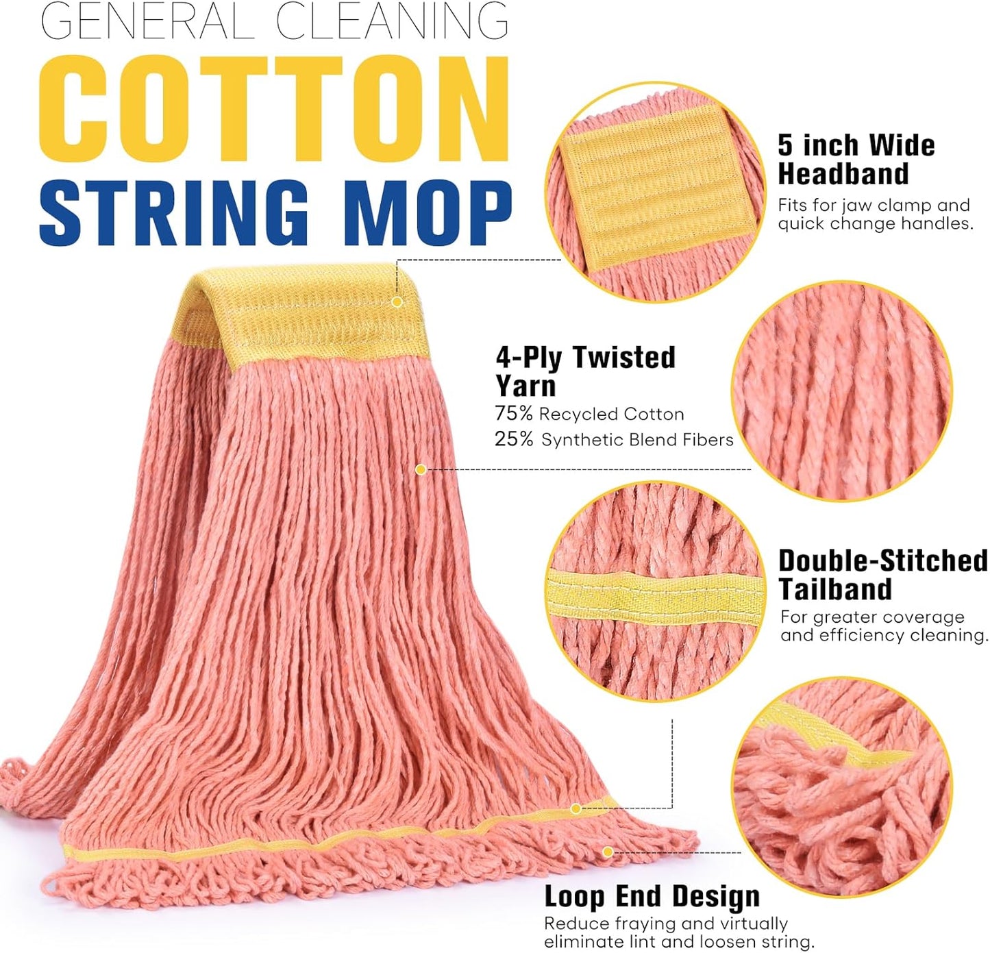 Matthew Cleaning Commercial Mop Head Replacement, 5 Inch Wide Headband, Looped End Cotton Blend String Wet Mops for Floor Cleaning, 24 oz Large, 3-Pack Orange