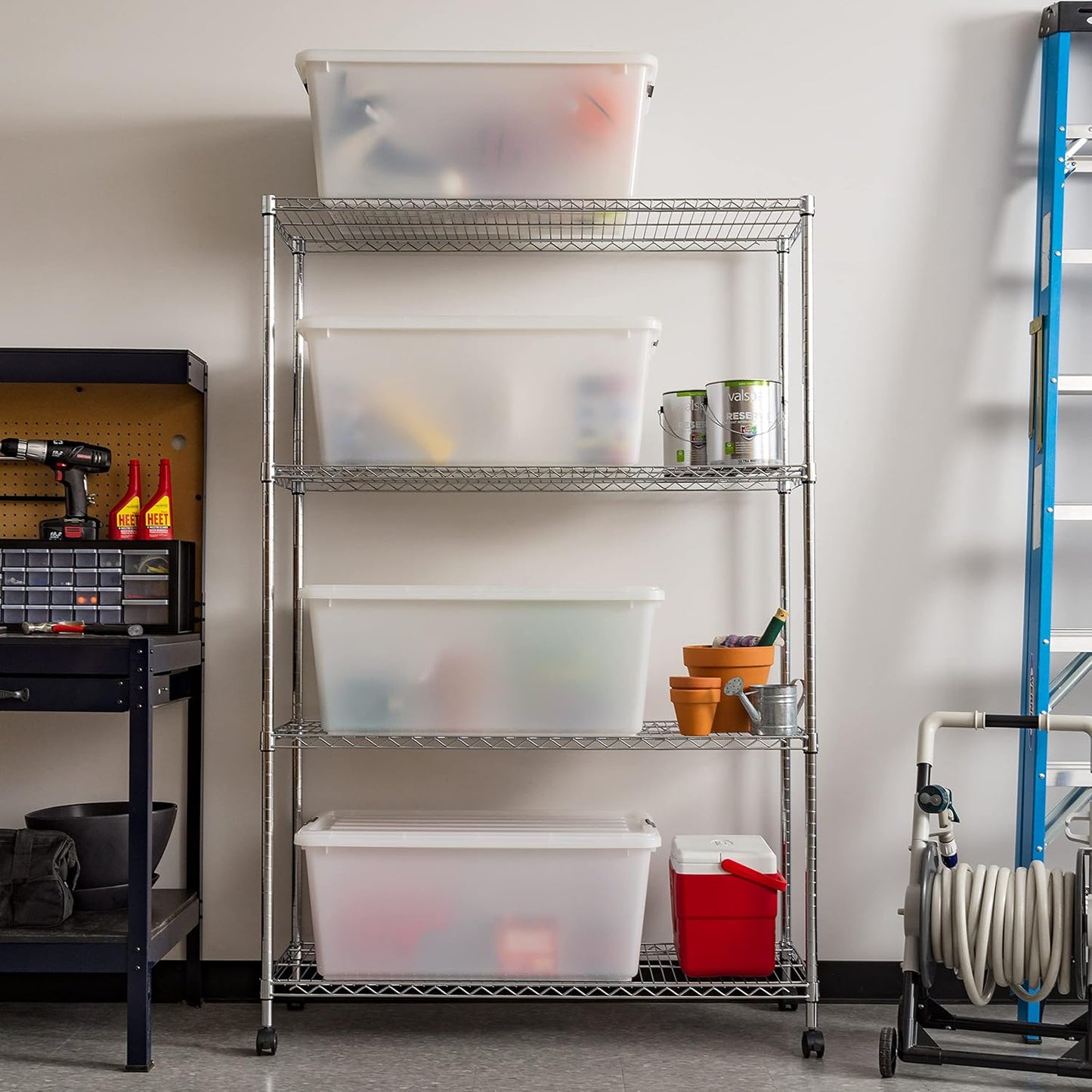 IRIS USA 91 Qt Stackable Plastic Storage Bins with Lids, 4 Pack - BPA-Free, Discreet Organizing Solution, Latches, Durable Nestable Containers, Secure Pull Handle, Made in USA - Pearl