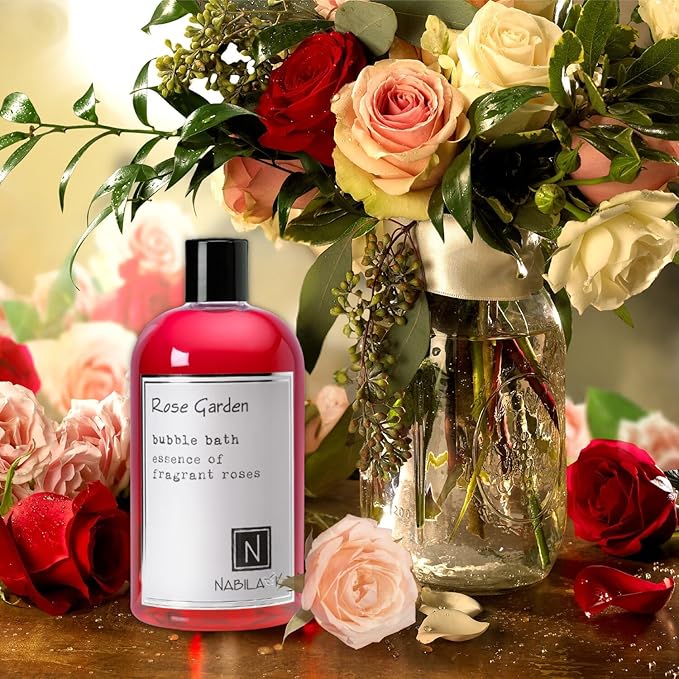 Rose Garden Bubble Bath by Nabila K - Essential Oils with Natural Ingredients for Sensitive Skin, Tear-Free, Gentle, Moisturizing - Luxury for Women & Men, 16 oz