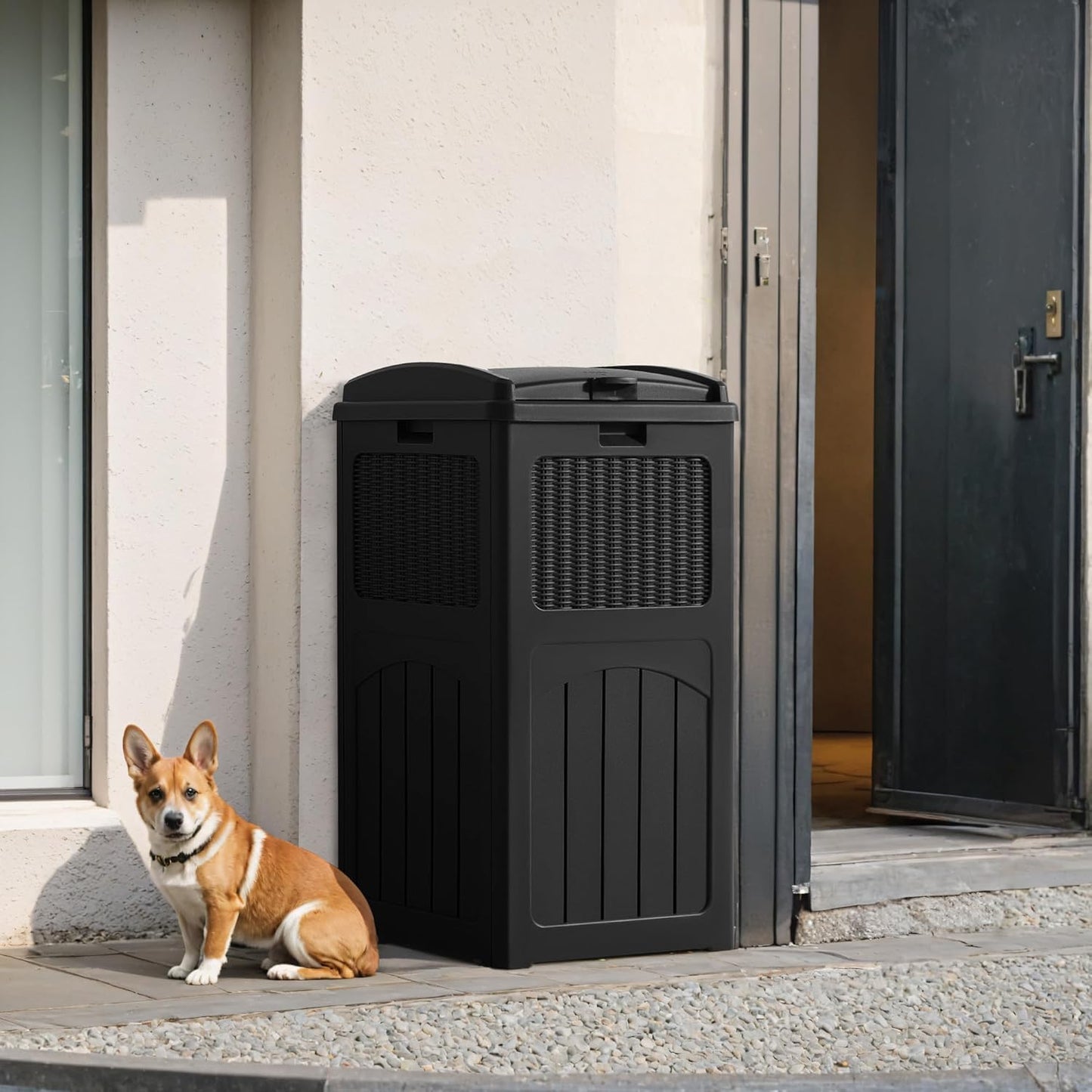 Flamaker 30 Gallon Trash Can, Resin Outdoor Garbage Can with Lid, Waterproof Hideaway Patio Waste Bins for Outside Use (Black)