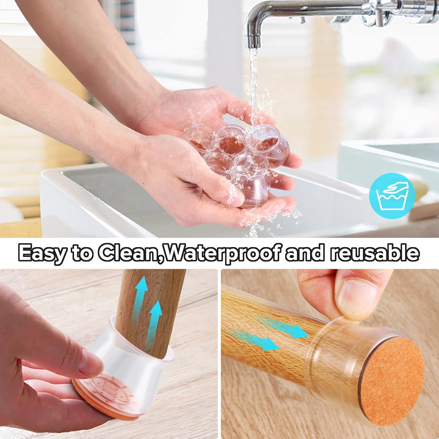 Upgraded Silicone Chair Leg Floor Protectors for Hardwood Floors, Furniture Sliders, Felt Bottom Furniture Pads, Round&Square Cap Covers to Scratch and Reduce Noise, Transparent, 24pcs