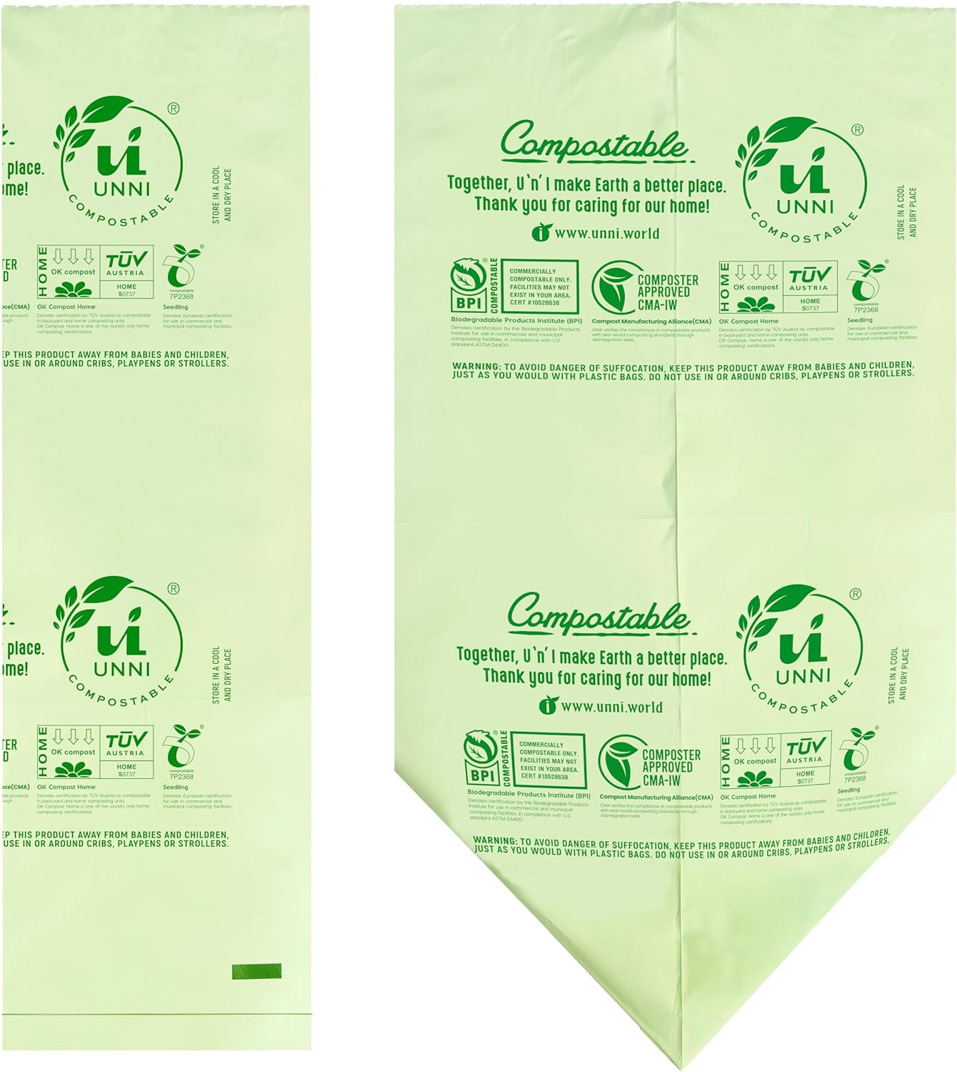 UNNI Compostable Trash Bags, 8 Gallon / 30 Liter, 100 Count, Extra Thick 0.85 mil Medium Kitchen Food Scrap Bin Liners, Certified by BPI, CMA & OK compost HOME, Meets the ASTM D6400 Standard