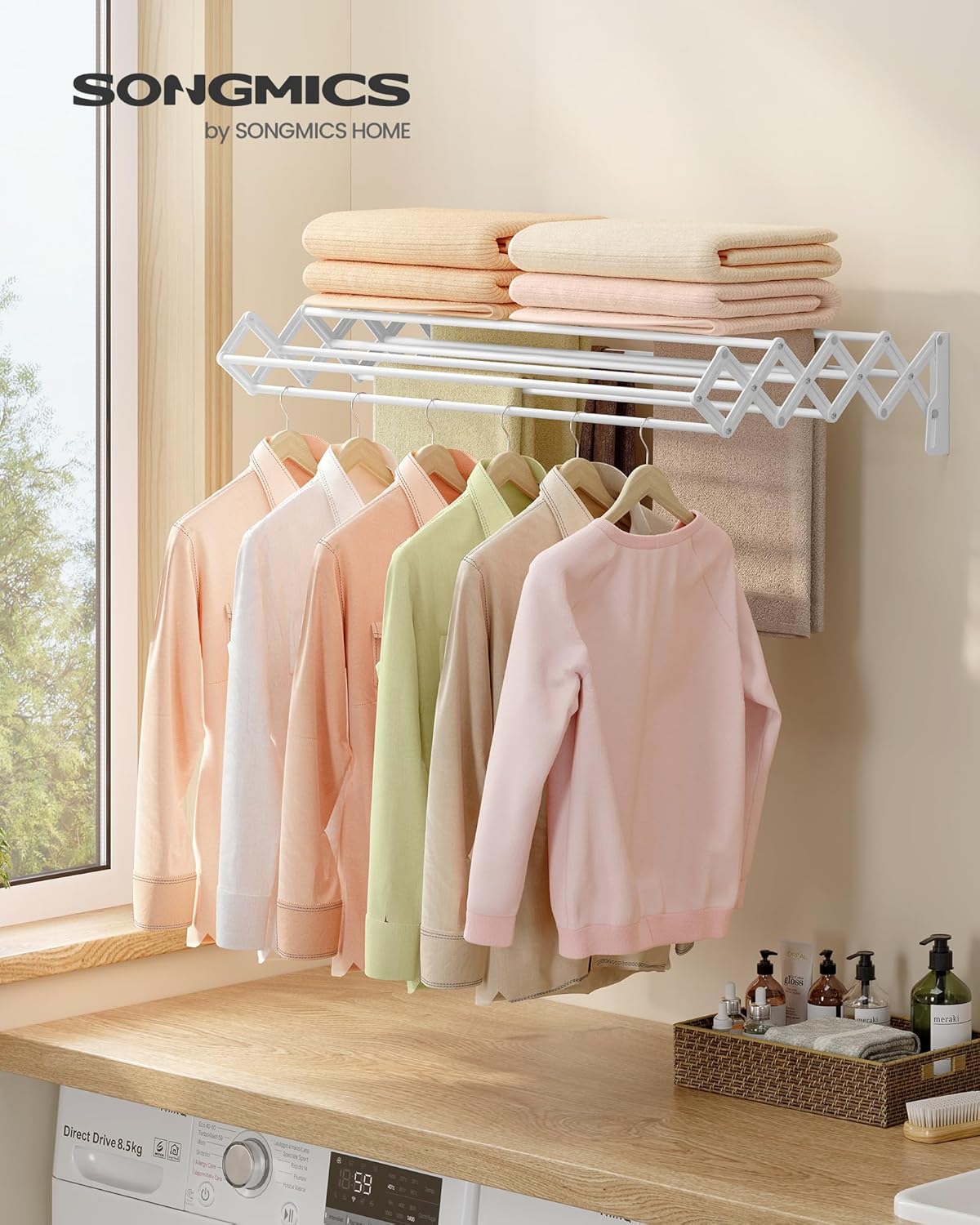SONGMICS Clothes Drying Rack, Wall-Mounted Drying Rack Clothing, Accordion Laundry Rack, 9 Staggered Hanging Rods, Expandable and Retractable, Steel, Cloud White ULLR806W01