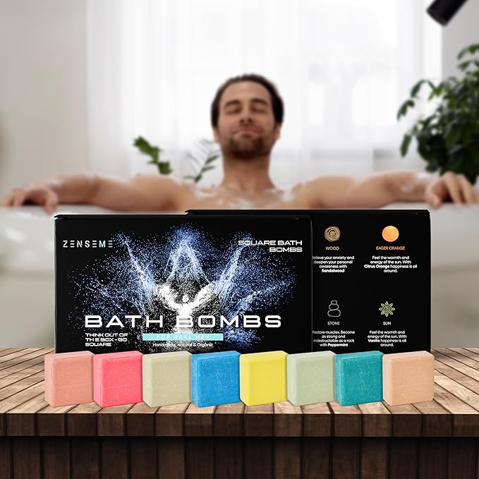 Bath Bombs for Men - Gift Set of 8 Scented Organic Handmade Natural Bath Bombs of 2.5 oz w/Natural Essential Oils, Unique Extra Strength Manly Scents, for Boyfriend, Husband, Father - Square Shape