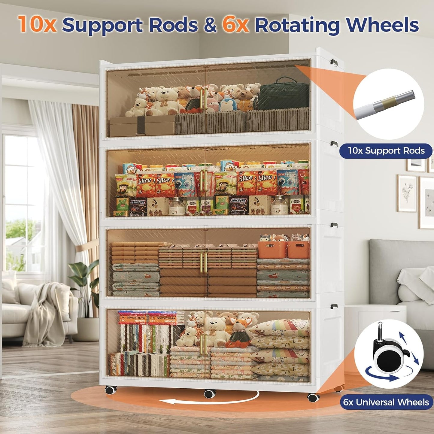 240GAL Extra Large Storage Bins with Lid, 960QT Collapsible Organizer with Wheels, Stackable Closet Cabinet with Doors, Folding Storage Containers for Home, Office, Dorm, 3Pack White