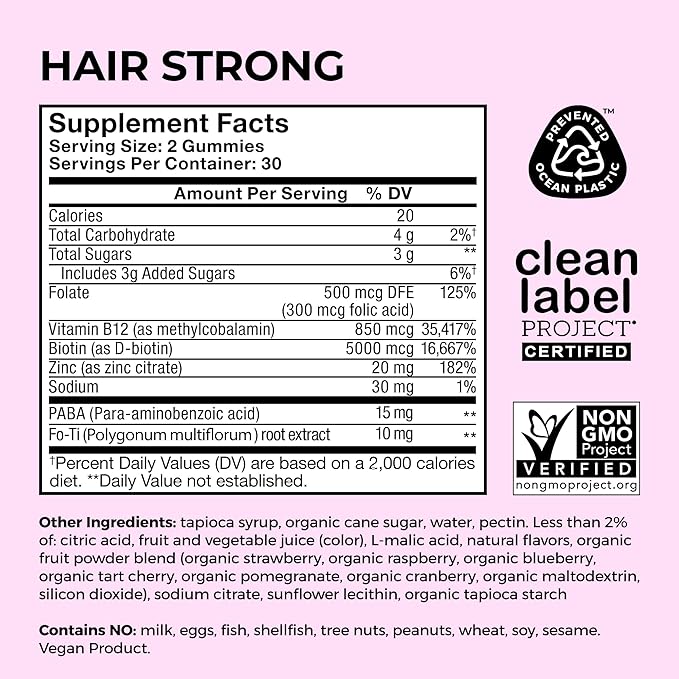 HUM Hair Strong Daily Hair Growth Gummies with Biotin, Zinc, Vitamin B12 to Support Growth, Folic Acid & Vitamin B12 Gummy Vitamins for Healthy Hair Support for Women and Men, 60 Gummies