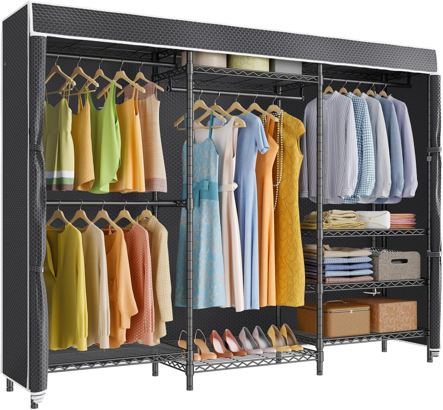 VIPEK V5C Plus Covered Clothes Rack Portable Wardrobe Closet, Heavy Duty Clothes Rack with Adjustable Shelves, Black Metal Clothing Rack with Black Upgarded Polyester Cover, Max Load 1040LBS