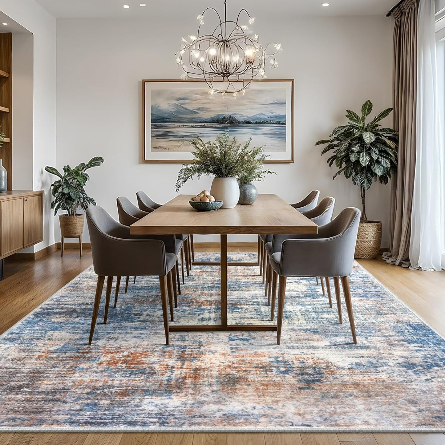 IOHOUZE Abstract Area Rugs 8x10 Ft Washable Large Rugs for Living Room, Non Slip Dining Room Rug, Printed Faux Wool Rugs for Bedroom, Floor Carpet for Office Nursery Playroom, Blue Rust