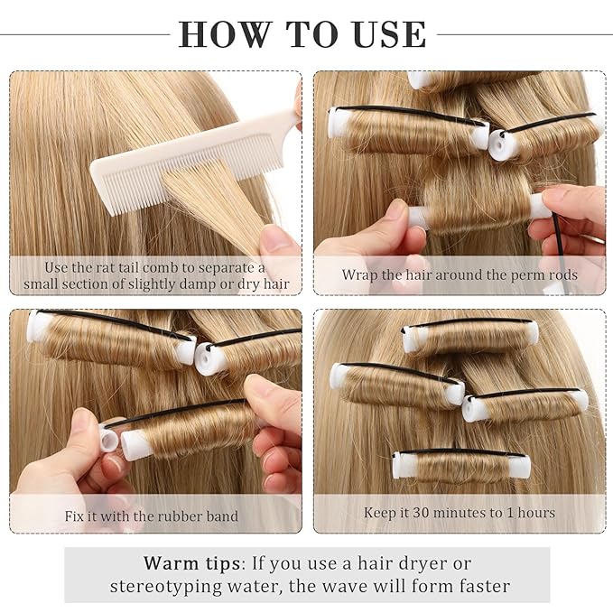 24 Pieces Hair Perm Rods Plastic Cold Wave Perming Curlers Hair Rollers with Steel Pintail Comb Rat Tail Comb Tools for Hairdressing Styling(White,0.63 Inches)