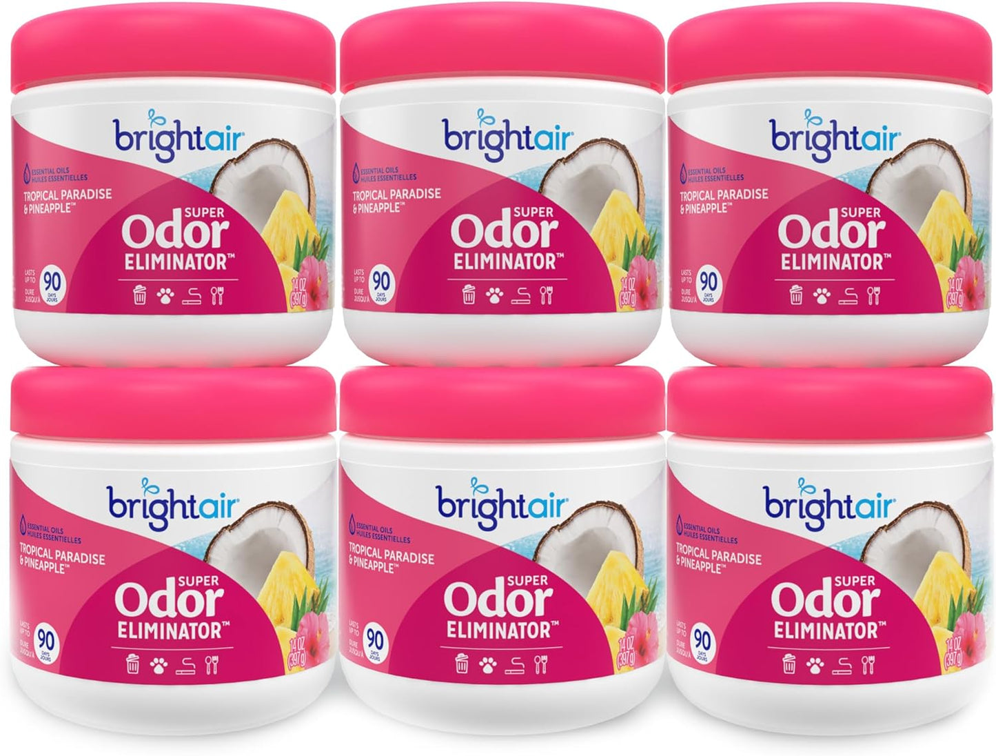 Bright Air 14 oz. Super Odor Eliminator, For Medium-Size Spaces, Tropical Paradise & Pineapple Scent, Case of 6, Air Freshener, Natural Essential Oils, Lasts Up to 90 Days Each