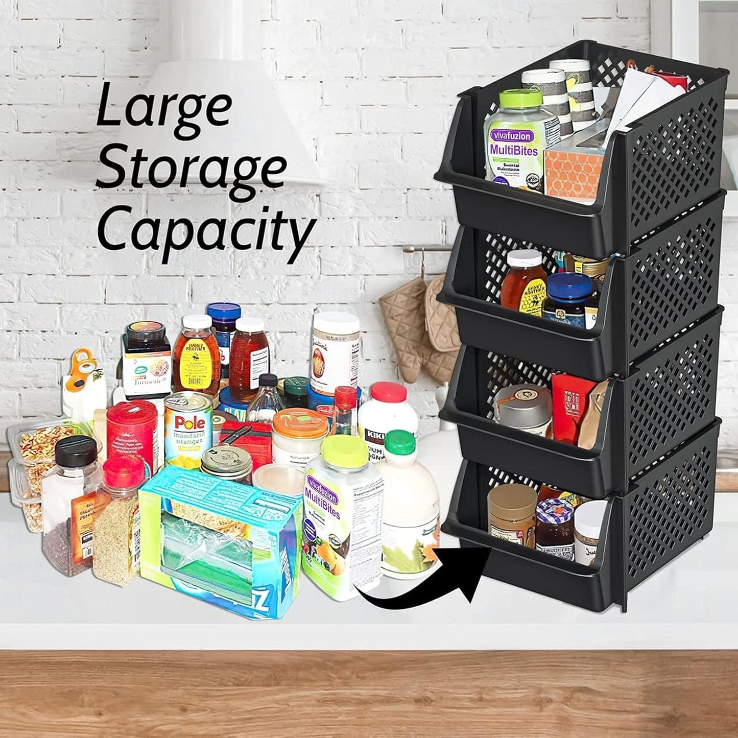 Skywin Plastic Stackable Storage Bins for Pantry - Stackable Bins for Organizing Food, Kitchen, and Bathroom Essentials (Black - 50 Pack)
