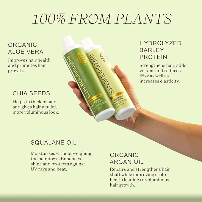 Ingreendients Non Toxic Sulfate Free Volumizing Shampoo & Conditioner with Organic Ingredients For Fine & Thin Hair - Color Safe, Paraben & Gluten Free, Silicone Free, Vegan, Cruelty-Free, pH Balanced