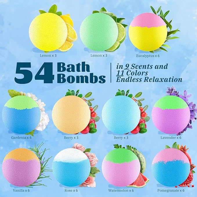 54 Pack Handmade Bath Bombs – 11 Vibrant Colors & 9 Unique Scents, Long-Lasting Fizzy Bubbles & Colorful Magic, 7-Minute Dissolve for Relaxation, Perfect for Birthdays & Summer Self-Care