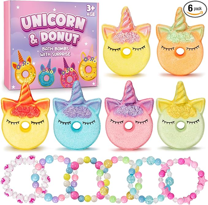 Bath Bombs for Girls,6 Packs Unicorn Donut Bubble Bath Bathbombs with Surprise Toys Inside, Bath Toys for Kids Age 4-8, Birthday Christmas Basket Stuffer Gifts for Girls 3 4 5 6 7 8