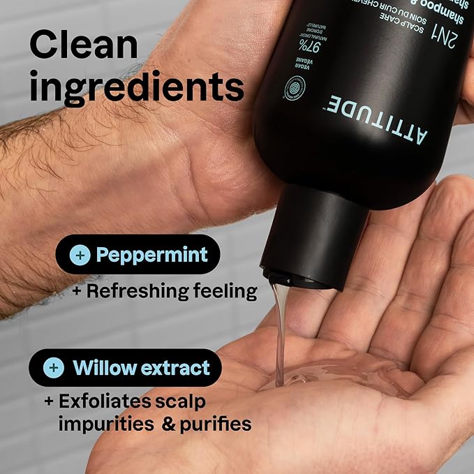 ATTITUDE Men's Shampoo and Conditioner 2-in-1, Scalp Care for Build Up & Oily Hair, Refresh With Peppermint & Willow Extract, 97% Natural Origin Ingredients, EWG Verified, Eucalyptus & Sage, 14 Fl Oz