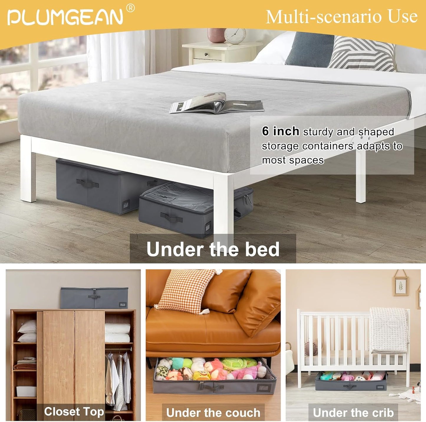 6-Inch Under Bed Storage Containers (3-Pack) | Sturdy Sidewalls | Clear Cover & Label Holder | Underbed Organizer for Crib/Couch | Stores Clothing/Blankets/Wrapping Paper/Toys