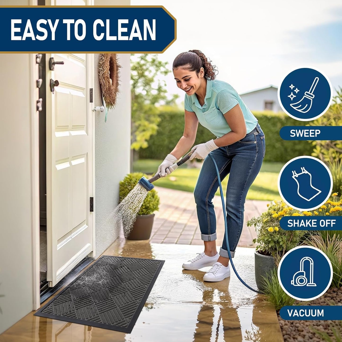 Smiry Front Door Mat Outside Entrance, Heavy Duty Outdoor Indoor Natural Rubber Doormat, Non Slip, Trap Dirt and Moisture, Easy Clean, Low Profile Patio Porch Entryway Mat, 29.5x17, Grey