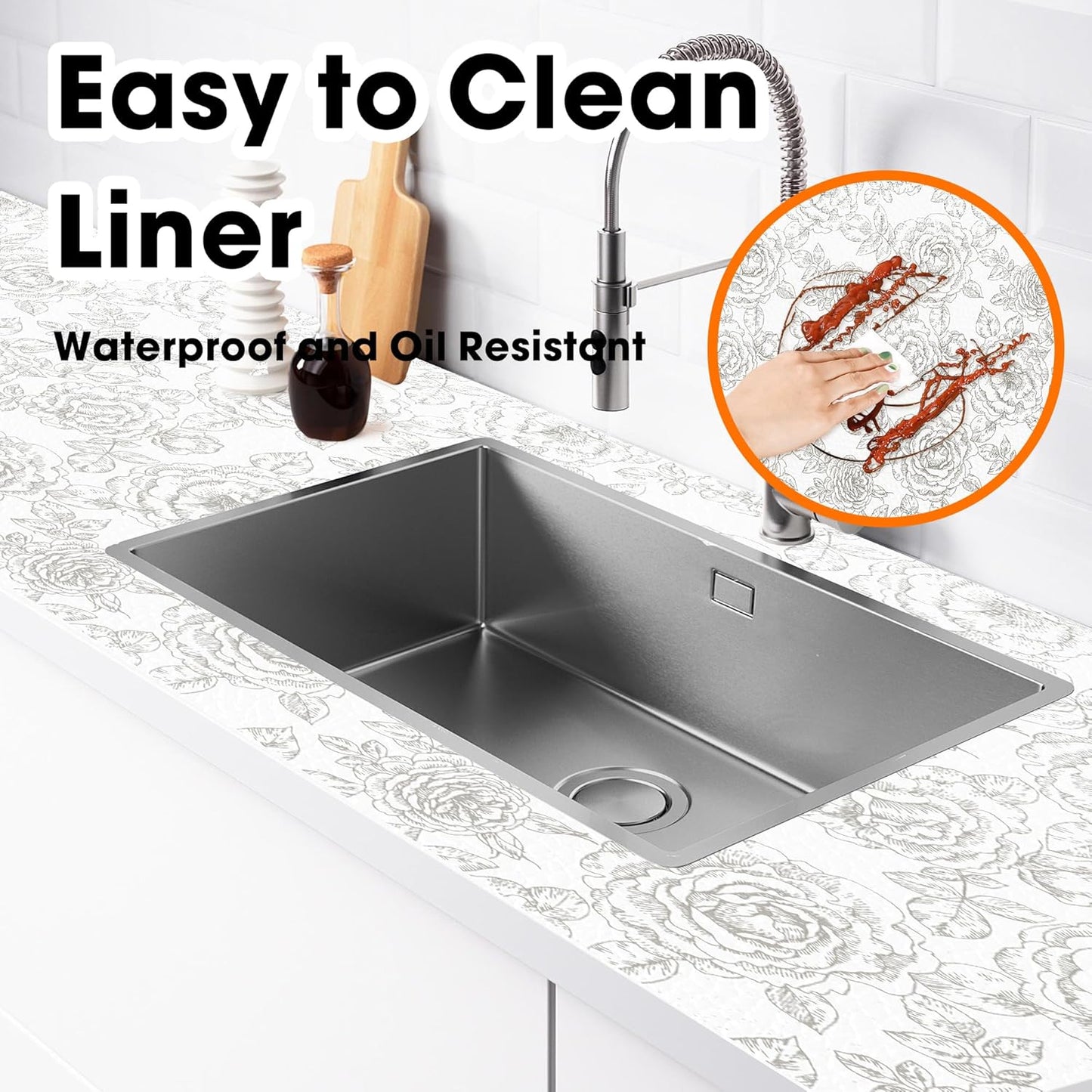 Drawer and Shelf Liner for Kitchen Cabinets Non-Adhesive Cabinet Liners for Shelves Strong Grip Non Slip Waterproof Cupboard Liner for Dresser Refrigerator, Bathroom, Flower,17.5IN X 10FT
