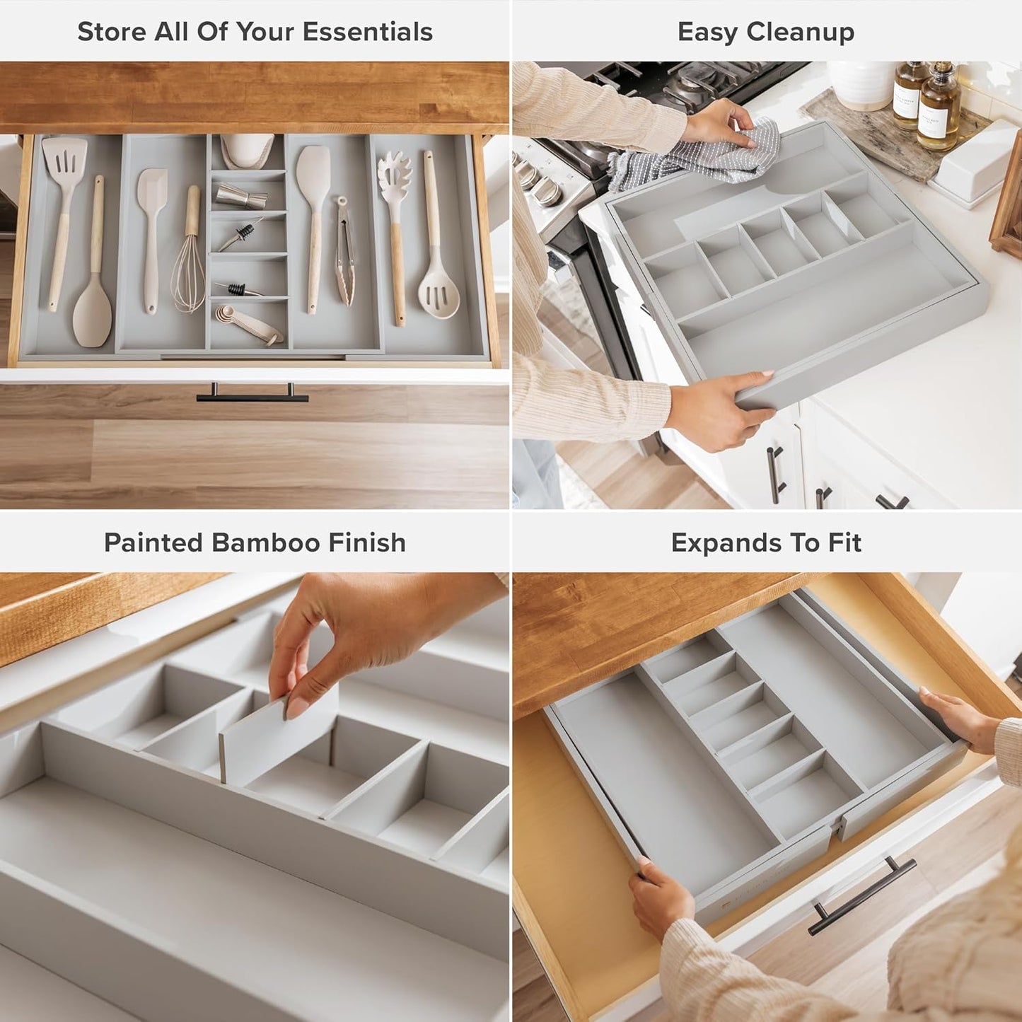 KitchenEdge Adjustable Kitchen Drawer Organizer for Utensils and Junk, Food-Safe Contract Grade with 100% Sustainable Wood, Expandable from 19 to 33 Inches Wide - Gray Bamboo