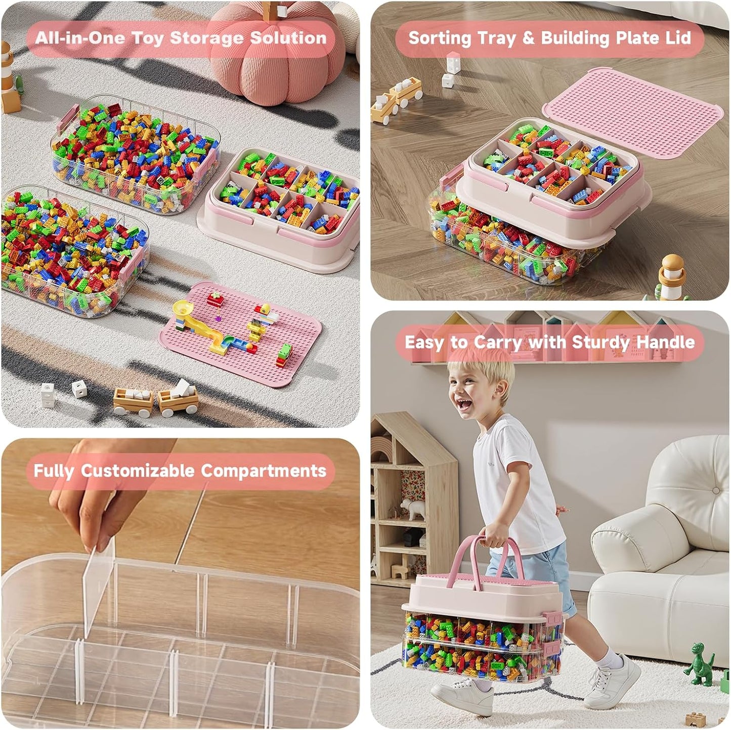Toy Storage Organizer Box with Handle, Stackable Building Block Toy Box with Building Plate Lid & Removable Sorting Trays, Cubby Bins and Containers 3 Layer (Pink)