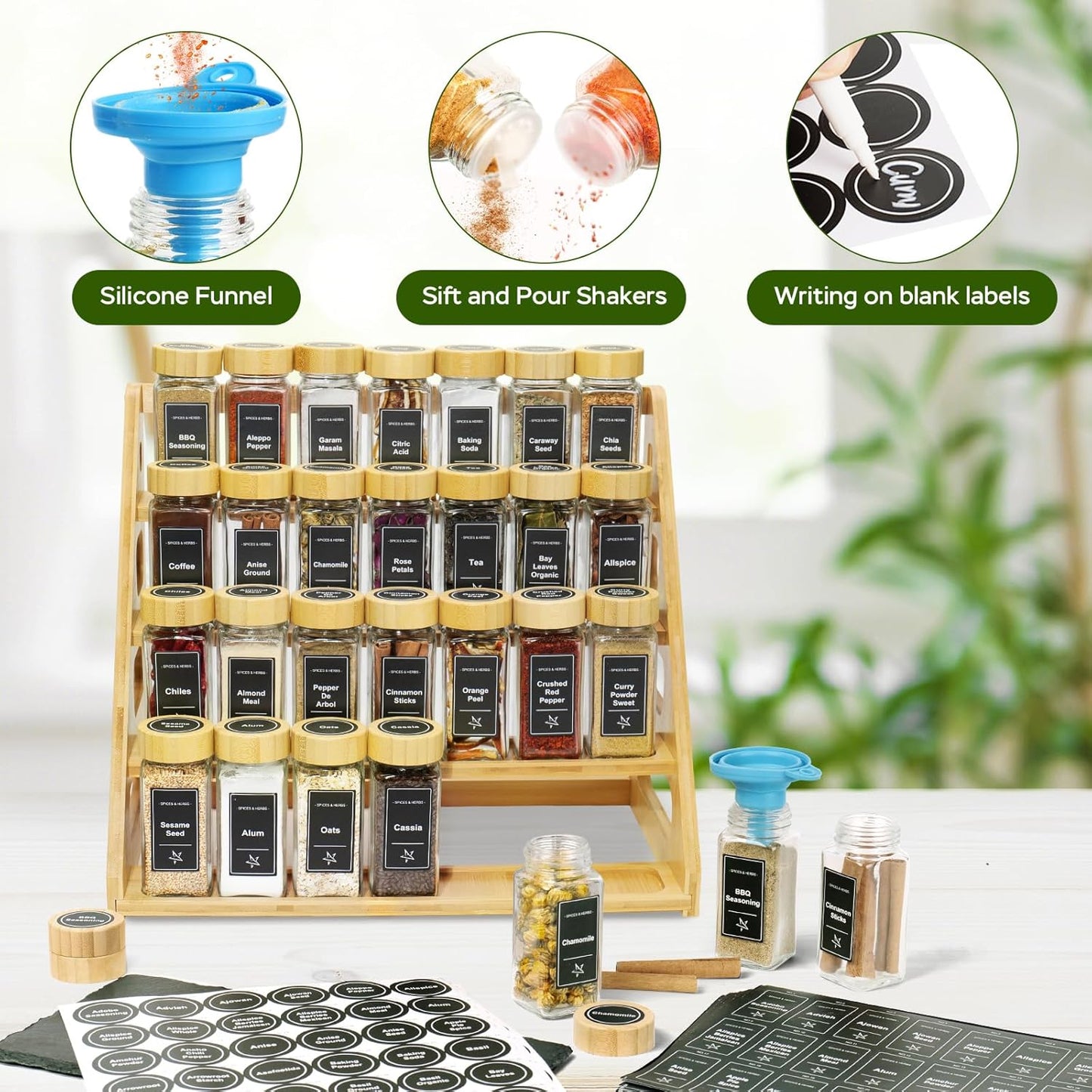 4 Tier Bamboo Spice Rack Organizer with 28 Spice Jars, 780 Labels, Wood Shelf, Chalk Marker and Funnel Set for Cabinet Kitchen Countertop, Empty 4 oz Glass Jars
