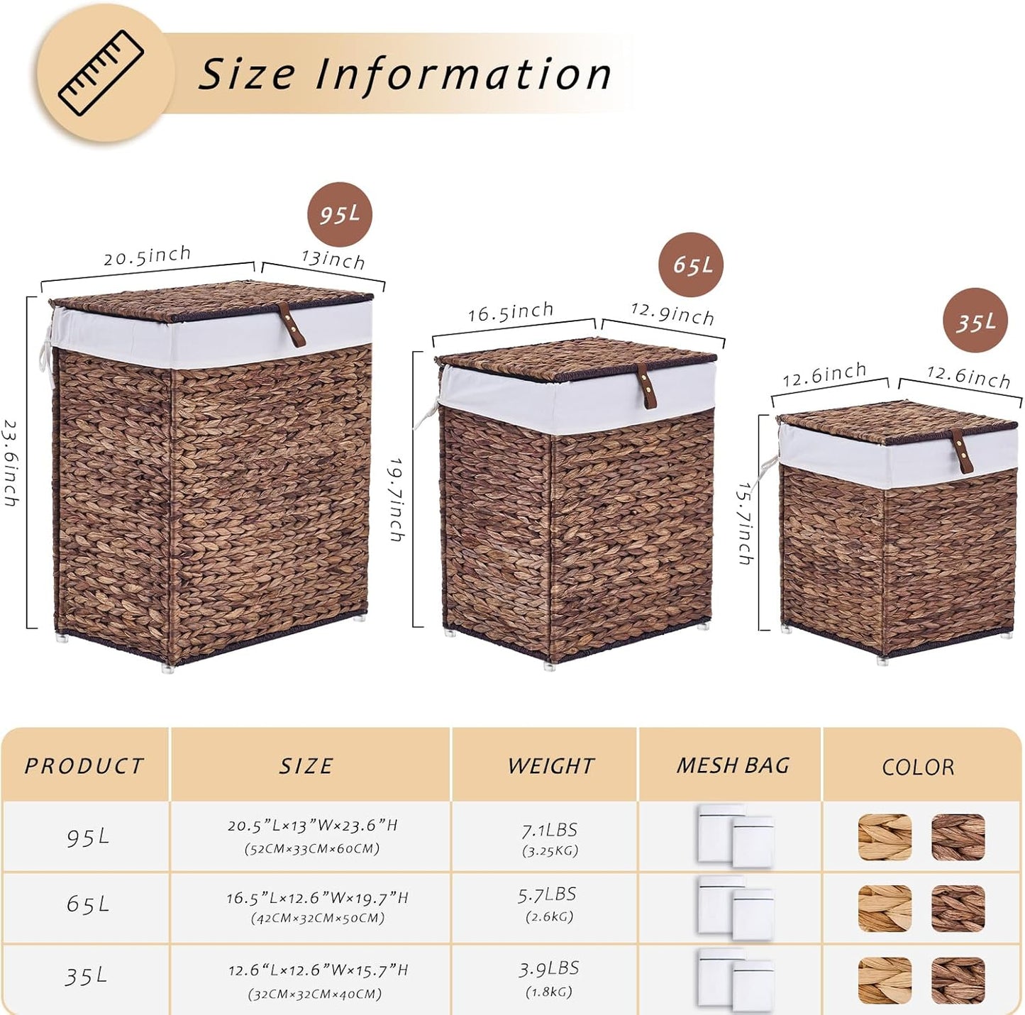 Handwoven Laundry Basket with Lid, Natural Water Hyacinth Storage Basket with Handle, Removable Cotton Liner, Durable and Stylish for Bedroom, Bathroom, Laundry Room